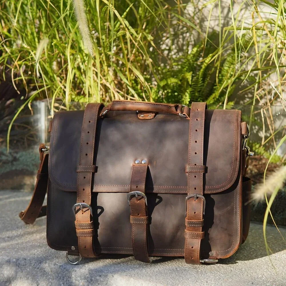 Polare Thick Full Grain Leather 16'' Briefcase Shoulder Messenger Bag For Men Fi